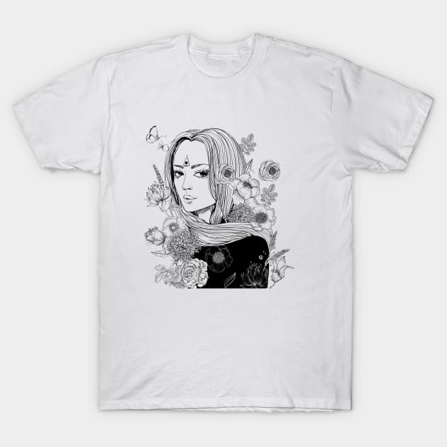 Floral Girl Line Art. Flowers Art, Black and White Girl Art T-Shirt by EquilibriumArt